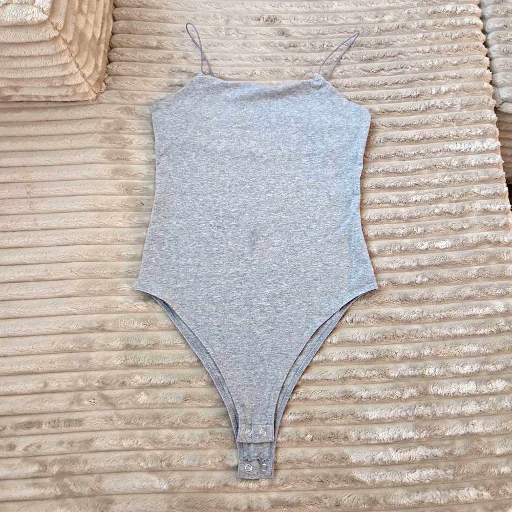 Wild Fable Gray Spaghetti Strap Bodysuit Women's S Cotton Blend Snap Closure